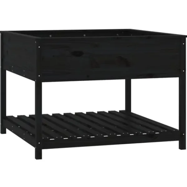 Plantningsbænke^Plantekasse med hylde i massivt fyrretræ - Ergonomisk højbed | Størrelse: 111,5x111,5x81 cm | Farve: Sort