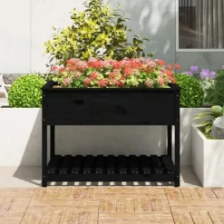 Plantningsbænke^Plantekasse med hylde i massivt fyrretræ - Ergonomisk højbed | Størrelse: 111,5x111,5x81 cm | Farve: Sort