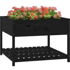 Plantningsbænke^Plantekasse med hylde i massivt fyrretræ - Ergonomisk højbed | Størrelse: 111,5x111,5x81 cm | Farve: Sort