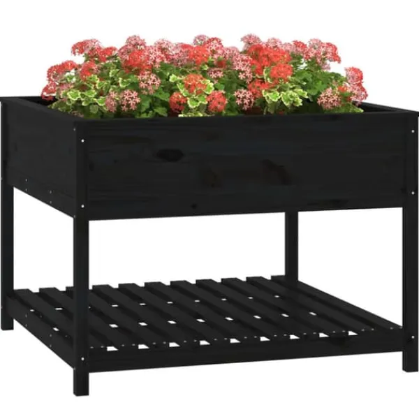 Plantningsbænke^Plantekasse med hylde i massivt fyrretræ - Ergonomisk højbed | Størrelse: 111,5x111,5x81 cm | Farve: Sort
