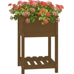 Plantningsbænke^Plantekasse med hylde i massivt fyrretræ - Højbed | Farve: Gyldenbrun | Størrelse: 54x54x81 cm