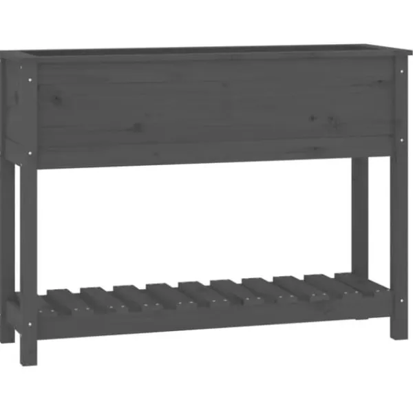 Clearance Plantekasse med hylde i massivt fyrretræ - Ergonomisk højbed | Størrelse: 111,5x34,5x81 cm | Farve: Grå Plantningsbænke