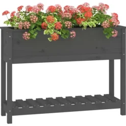 Clearance Plantekasse med hylde i massivt fyrretræ - Ergonomisk højbed | Størrelse: 111,5x34,5x81 cm | Farve: Grå Plantningsbænke