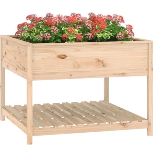 Outlet Plantekasse med hylde i massivt fyrretræ - Højbed | Størrelse: 111,5x111,5x81 cm Plantningsbænke