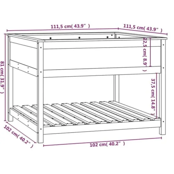 Outlet Plantekasse med hylde i massivt fyrretræ - Højbed | Størrelse: 111,5x111,5x81 cm Plantningsbænke
