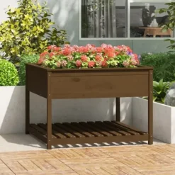 Plantningsbænke^Plantekasse med hylde i massivt fyrretræ - Ergonomisk | Størrelse: 111,5x111,5x81 cm | Farve: Brun