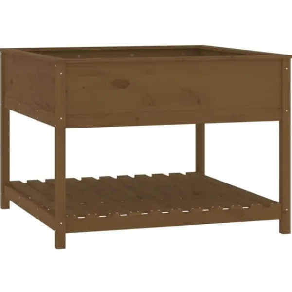 Plantningsbænke^Plantekasse med hylde i massivt fyrretræ - Ergonomisk | Størrelse: 111,5x111,5x81 cm | Farve: Brun