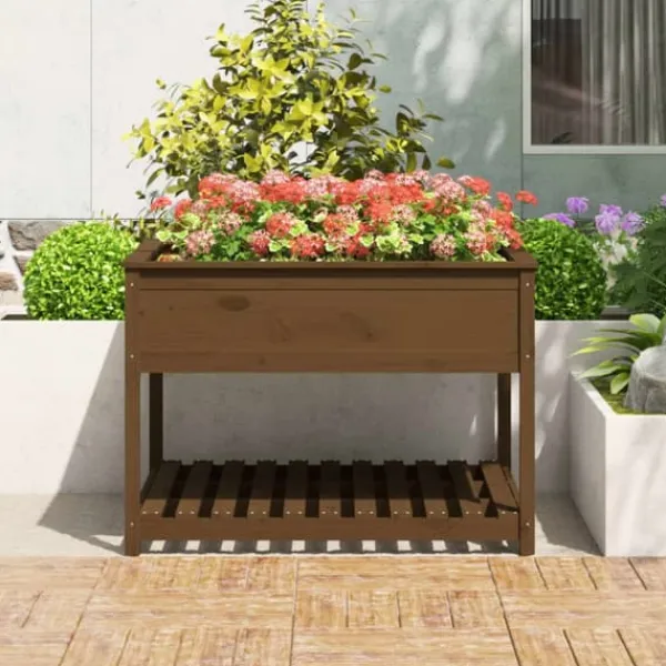 Plantningsbænke^Plantekasse med hylde i massivt fyrretræ - Ergonomisk | Størrelse: 111,5x111,5x81 cm | Farve: Brun