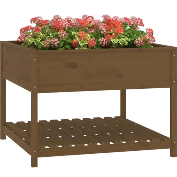 Plantningsbænke^Plantekasse med hylde i massivt fyrretræ - Ergonomisk | Størrelse: 111,5x111,5x81 cm | Farve: Brun