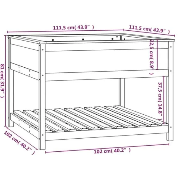Plantningsbænke^Plantekasse med hylde i massivt fyrretræ - Ergonomisk | Størrelse: 111,5x111,5x81 cm | Farve: Brun
