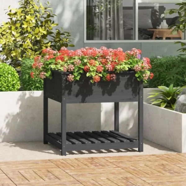 Plantningsbænke^Plantekasse med hylde 82,5x82,5x81 cm massivt fyrretræ grå - Plantekasse - Plantekasser - Home & Living