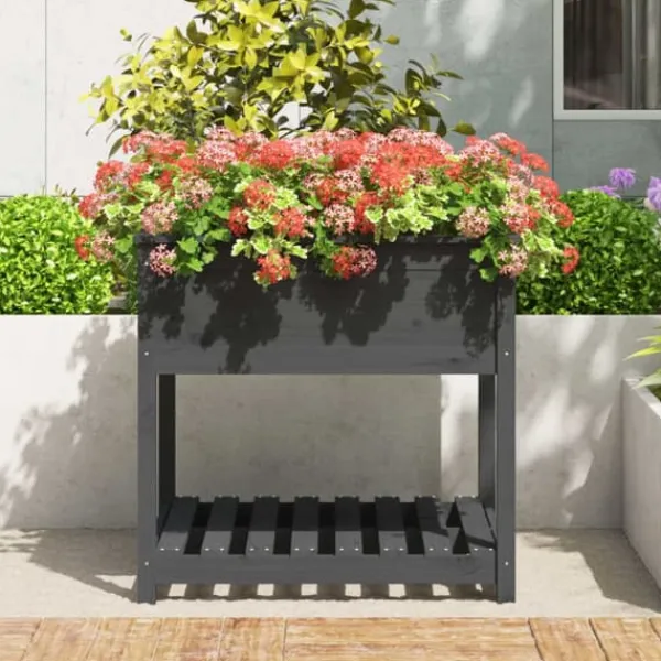 Plantningsbænke^Plantekasse med hylde 82,5x82,5x81 cm massivt fyrretræ grå - Plantekasse - Plantekasser - Home & Living