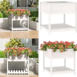 New Plantekasse med hylde 82,5x82,5x81 cm massivt fyrretræ hvid - Plantekasse - Plantekasser - Home & Living Plantningsbænke