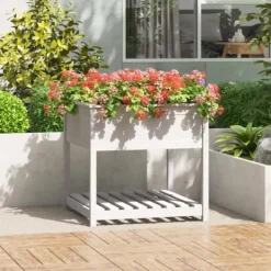 New Plantekasse med hylde 82,5x82,5x81 cm massivt fyrretræ hvid - Plantekasse - Plantekasser - Home & Living Plantningsbænke