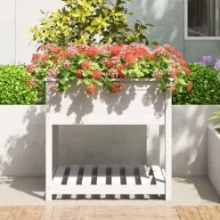 New Plantekasse med hylde 82,5x82,5x81 cm massivt fyrretræ hvid - Plantekasse - Plantekasser - Home & Living Plantningsbænke