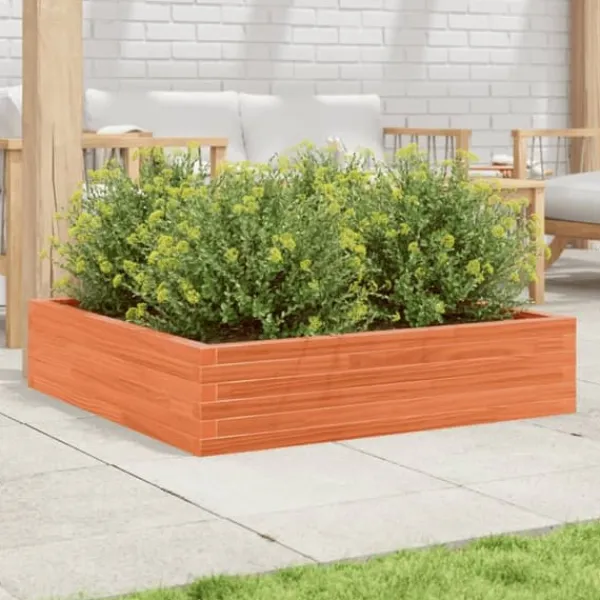 New Plantekasse 100x100 cm - Massivt fyrretræ | Farve: Gyldenbrun | Størrelse: 100x100x23 cm Plantningsbænke
