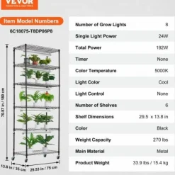 Plantestativer^Planteopsats, 6 niveauer, 75x35x180 cm, Sort, Metal, Justerbar