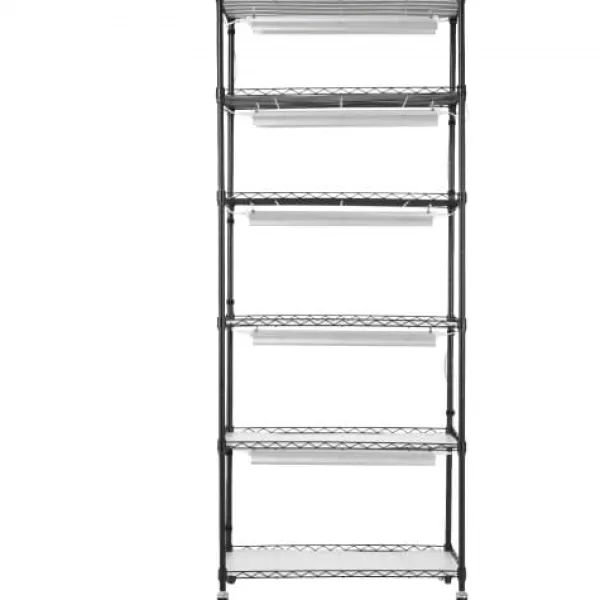 Plantestativer^Planteopsats, 6-etagers hylde med vækstlys, 75x35x180 cm, sort, stål