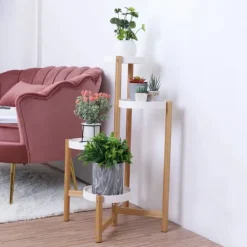 Best Plantestativ - Hjørne, rund blomsterhylde til potter - 4 Niveauer - Indendørs/Udendørs - Træ - Orange Plantestativer
