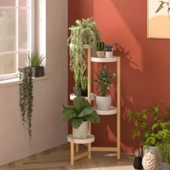 Best Plantestativ - Hjørne, rund blomsterhylde til potter - 4 Niveauer - Indendørs/Udendørs - Træ - Orange Plantestativer