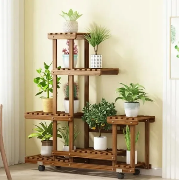 Plantestativer^Plantestativ - Træ plantehylde med 6 niveauer - Vertikal flerniveau - Indendørs/udendørs - Karboniseret træ - Samling kræves - Brun