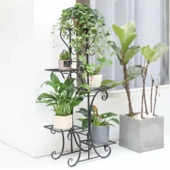 Plantestativer^Plantestativ Blomsterhylde - 5-etagers Metalhylde - Høj - Rustbestandig - Til blomster, bonsai og urter - Havedekor - Sort