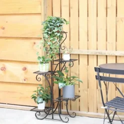 Plantestativer^Plantestativ Blomsterhylde - 5-etagers Metalhylde - Høj - Rustbestandig - Til blomster, bonsai og urter - Havedekor - Sort