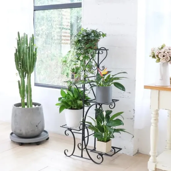 Plantestativer^Plantestativ Blomsterhylde - 5-etagers Metalhylde - Høj - Rustbestandig - Til blomster, bonsai og urter - Havedekor - Sort