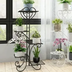 Plantestativer^Plantestativ Blomsterhylde - 5-etagers Metalhylde - Høj - Rustbestandig - Til blomster, bonsai og urter - Havedekor - Sort