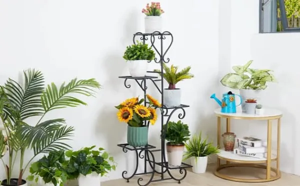 Plantestativer^Plantestativ Blomsterhylde - 5-etagers Metalhylde - Høj - Rustbestandig - Til blomster, bonsai og urter - Havedekor - Sort