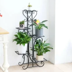 Plantestativer^Plantestativ Blomsterhylde - 5-etagers Metalhylde - Høj - Rustbestandig - Til blomster, bonsai og urter - Havedekor - Sort