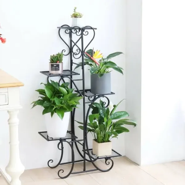 Plantestativer^Plantestativ Blomsterhylde - 5-etagers Metalhylde - Høj - Rustbestandig - Til blomster, bonsai og urter - Havedekor - Sort