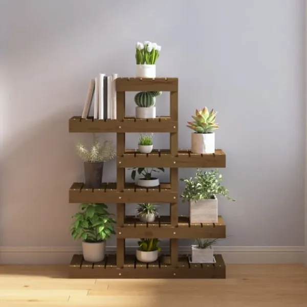 Plantestativer^Plantestativ i massivt fyrretræ - Charmerende plantehylde | Størrelse: 85x25x109,5 cm | Farve: Gyldenbrun