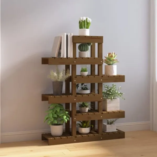 Plantestativer^Plantestativ i massivt fyrretræ - Charmerende plantehylde | Størrelse: 85x25x109,5 cm | Farve: Gyldenbrun