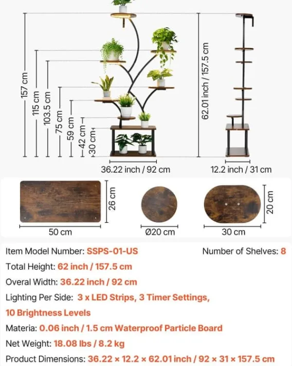 Plantestativer^Plantestativ Indendørs - Plantehylde med Vækstlys - 8-Etagers - Hjørnedesign i Metal - 157,5 cm Høj - 3 Timere & 10 Lysstyrker - Træformet