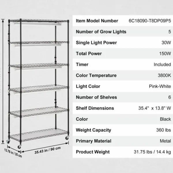 Sale Plantestativ med vækstlys 6 etager, 180W, 70,9, indendørs plantedyrkningshylde, justerbar højde, moderne design. Kit Til Plante- & Urtedyrkning