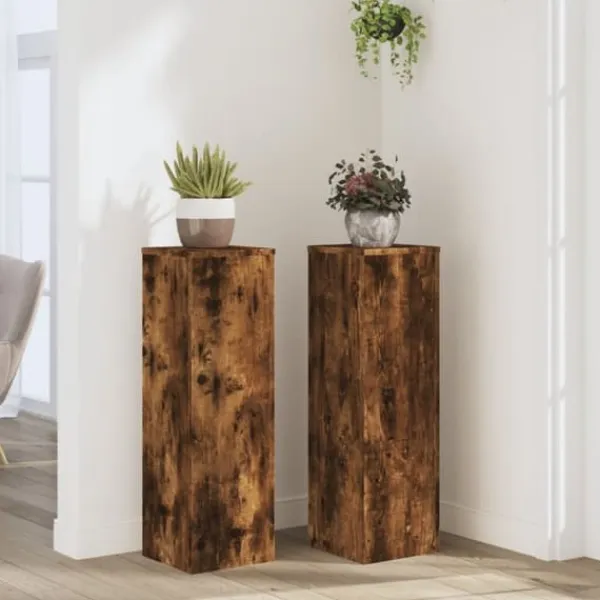 Best Plantestativer 2 stk. i konstrueret træ - Tidløst design | Størrelse: 25x25x80 cm | Farve: Røget eg Plantestativer
