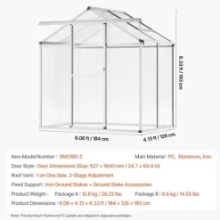 Drivhus^Polycarbonat Drivhus 6 x 4 Ft, Udendørs Walk-in, UV-beskyttelse, robust struktur, nem at samle