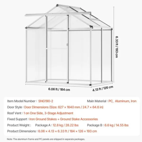 Drivhus^Polycarbonat Drivhus 6 x 4 Ft, Udendørs Walk-in, UV-beskyttelse, robust struktur, nem at samle
