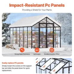 Sale Polycarbonat Drivhus 8 x 12 Ft, Udendørs Walk-in Drivhus, holdbart design, UV-beskyttelse, nem at samle Drivhus