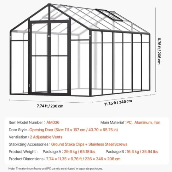 Sale Polycarbonat Drivhus 8 x 12 Ft, Udendørs Walk-in Drivhus, holdbart design, UV-beskyttelse, nem at samle Drivhus