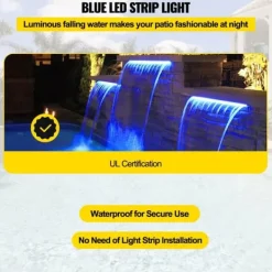 Springvand & Damme^Poolfontæne med overløb 11,8x3,2x8,1 tommer. Blå LED-stribe, solid akryl til have dam og svømmebassin. Perfekt vandfaldseffekt!