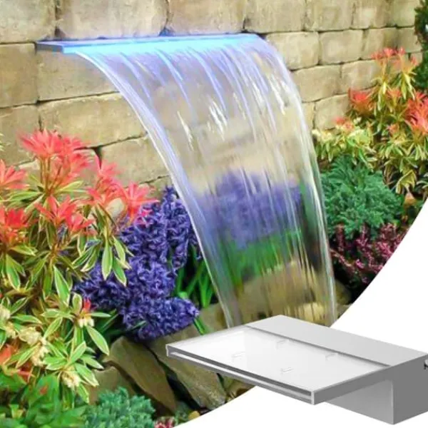 Springvand & Damme^Poolfontæne med overløb 11,8x3,2x8,1 tommer. Blå LED-stribe, solid akryl til have dam og svømmebassin. Perfekt vandfaldseffekt!