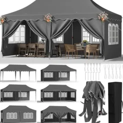 Telte & Lysthuse^Pop up pavillon - Foldbart festtelt - 3x6 m vandtæt - 6 sidevægge, helt lukket - UV 50+ - Højdejusterbar 2–3 m - Mørkegrå