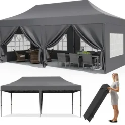 Telte & Lysthuse^Pop up pavillon - Foldbart festtelt - 3x6 m vandtæt - 6 sidevægge, helt lukket - UV 50+ - Højdejusterbar 2–3 m - Mørkegrå