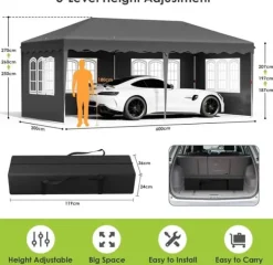 Telte & Lysthuse^Pop up pavillon - Foldbart festtelt - 3x6 m vandtæt - 6 sidevægge, helt lukket - UV 50+ - Højdejusterbar 2–3 m - Mørkegrå