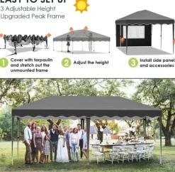 Telte & Lysthuse^Pop up pavillon - Foldbart festtelt - 3x6 m vandtæt - 6 sidevægge, helt lukket - UV 50+ - Højdejusterbar 2–3 m - Mørkegrå