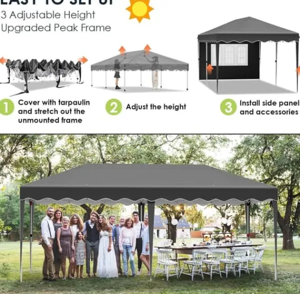 Telte & Lysthuse^Pop up pavillon - Foldbart festtelt - 3x6 m vandtæt - 6 sidevægge, helt lukket - UV 50+ - Højdejusterbar 2–3 m - Mørkegrå
