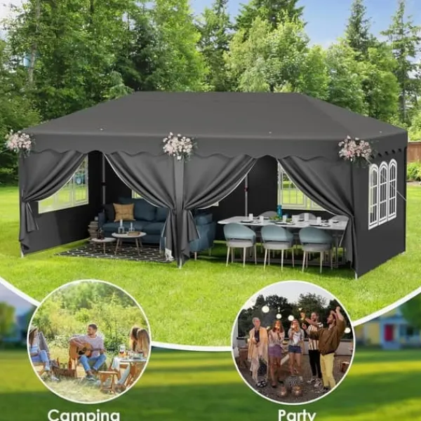 Telte & Lysthuse^Pop up pavillon - Foldbart festtelt - 3x6 m vandtæt - 6 sidevægge, helt lukket - UV 50+ - Højdejusterbar 2–3 m - Mørkegrå