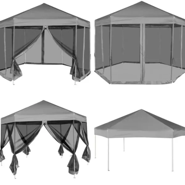Telte & Lysthuse^Pop up-pavillon 6 sidevægge sekskantet 3,6x3,1 m grå - Telt - Telte - Home & Living
